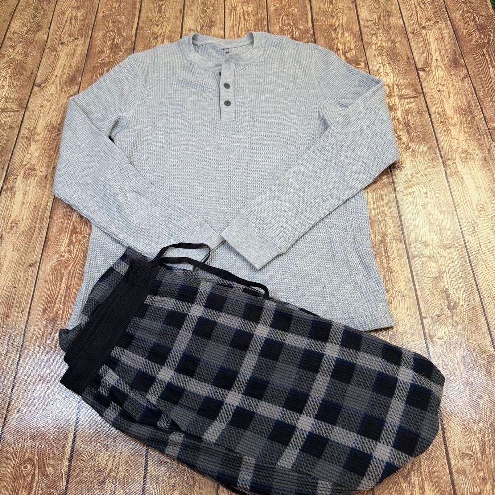 Sonoma Supersoft Pajama Set Mens Medium Gray Waffle Knit Plaid Henley
